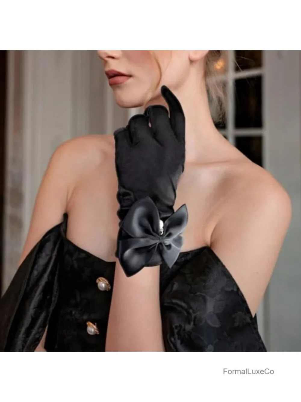 Satin Bow Pearl Wrist Length Dress Gloves for Women Wedding Opera Tea Party